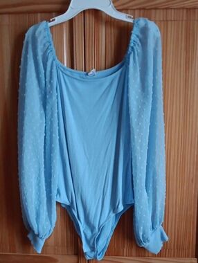 Light Blue Sheer Puff Sleeve Bodysuit with Textured Sleeves